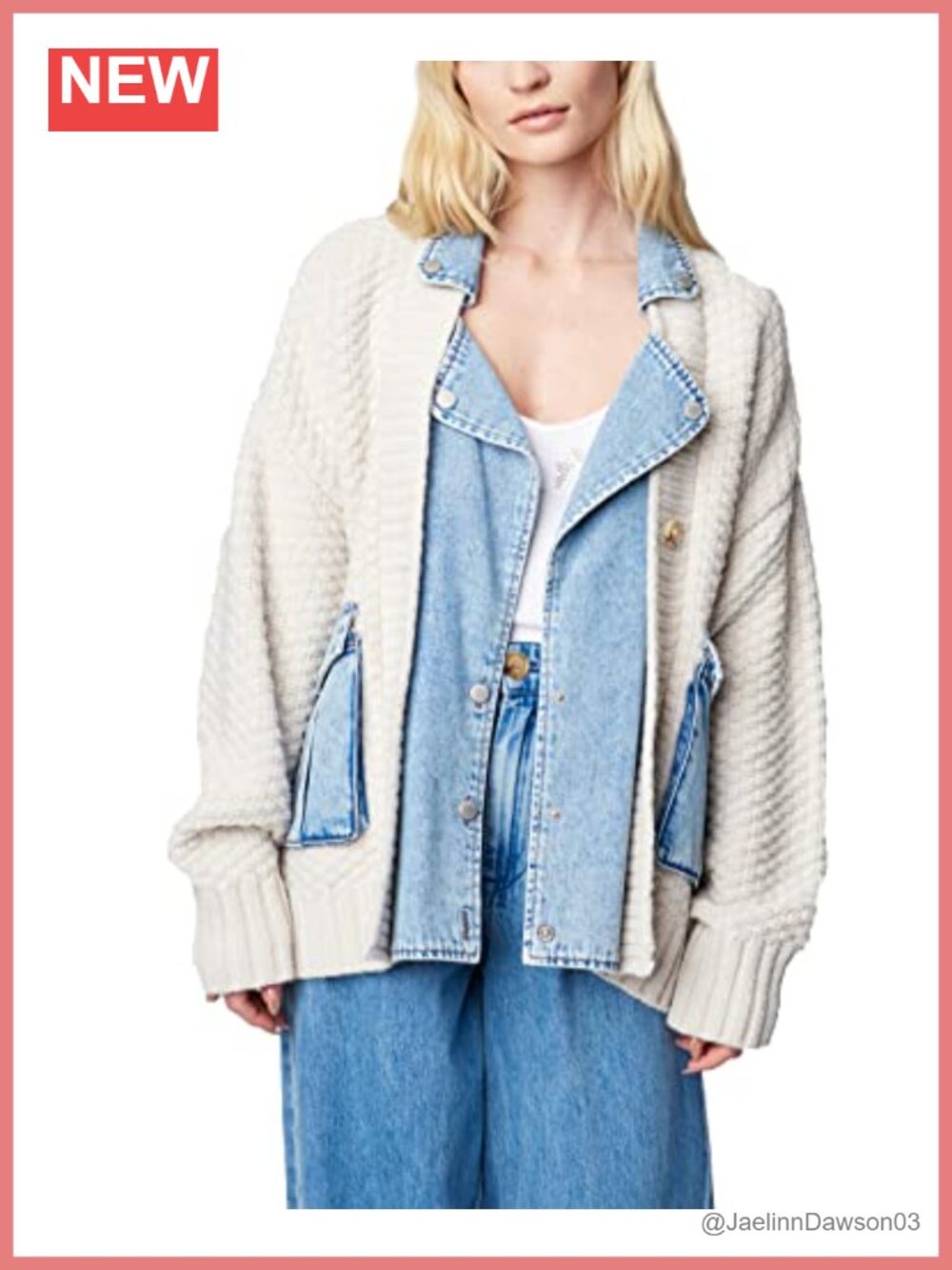 Women's Button Up Denim and Knit Cardigan Collared Long Sleeve Relaxed Fit
